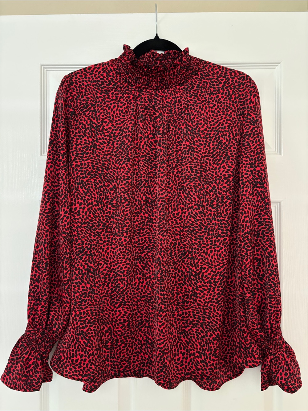 Red and Black Smocked Neck Long-Sleeve Blouse